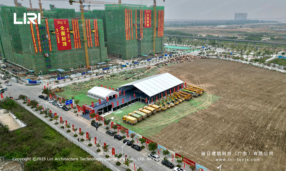 industrial ceremony tent side view with hard wall