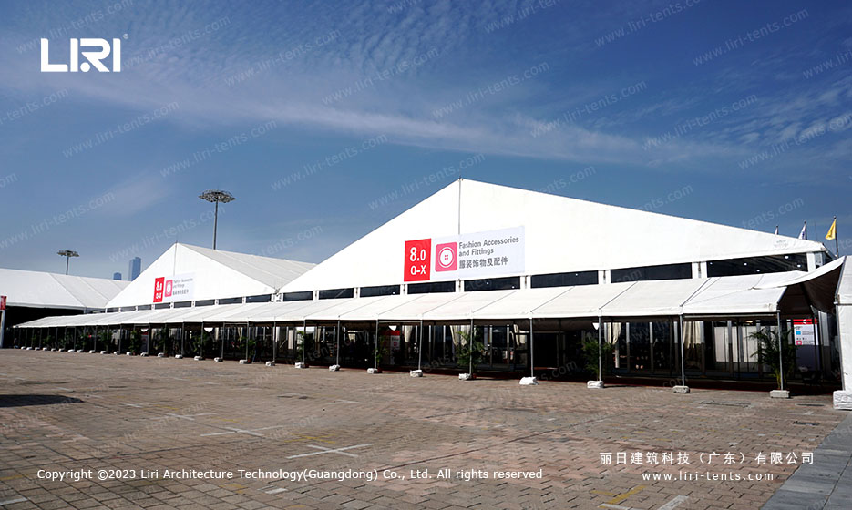 Trade show tent set for a large crowd of visitors