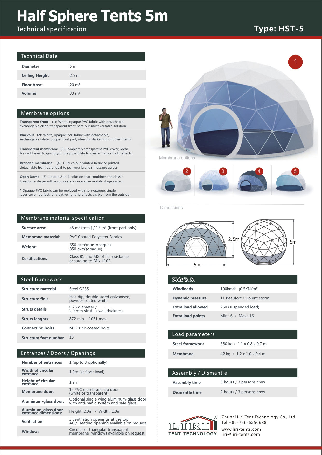 Technical Data for 5m half sphere tent