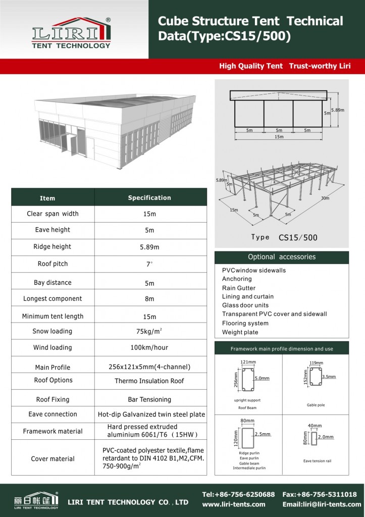 Technical Data of Special Design Cube Structure Tent 15*15m 