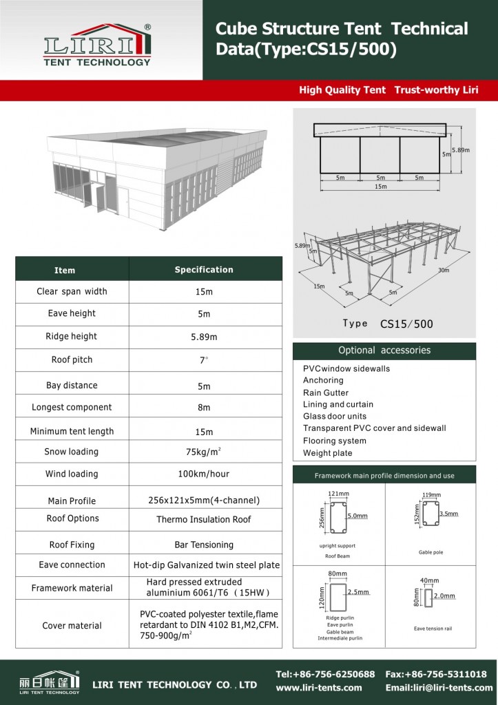 Technical Data of Special Design Cube Structure Tent 15*15m
