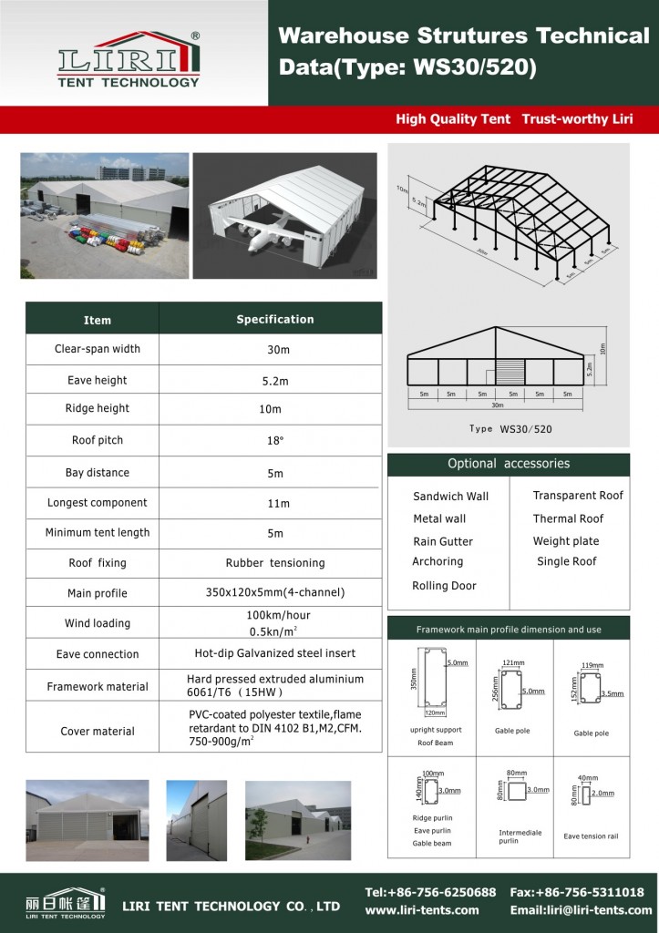 Technical Data of Large Industrial Tent for Warehouse