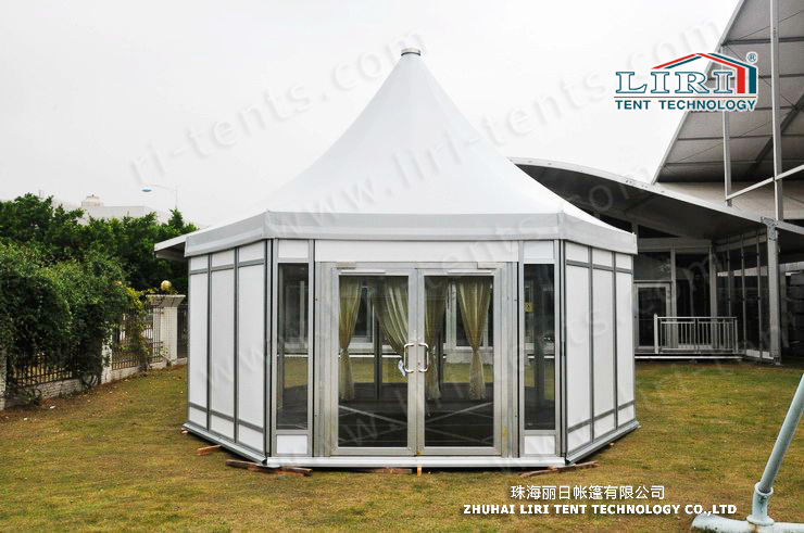 12m width polygon top tent with glass walls and doors