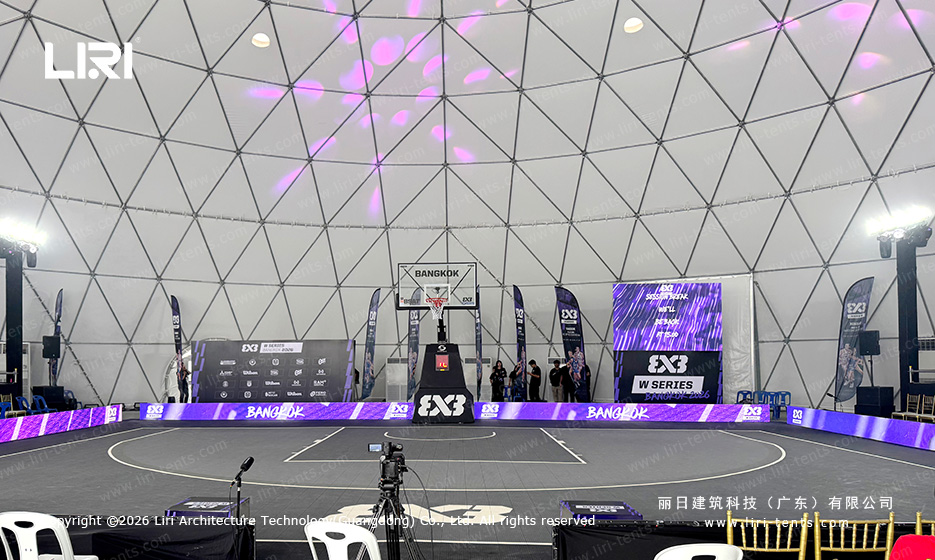 3x3 women’s basketball court with hoop, LED boards and event screen inside a geodesic dome