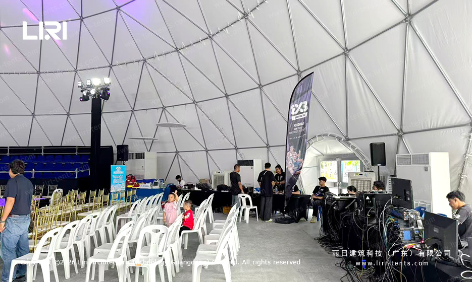 Event control equipment, cables, seating and cooling units along the dome perimeter