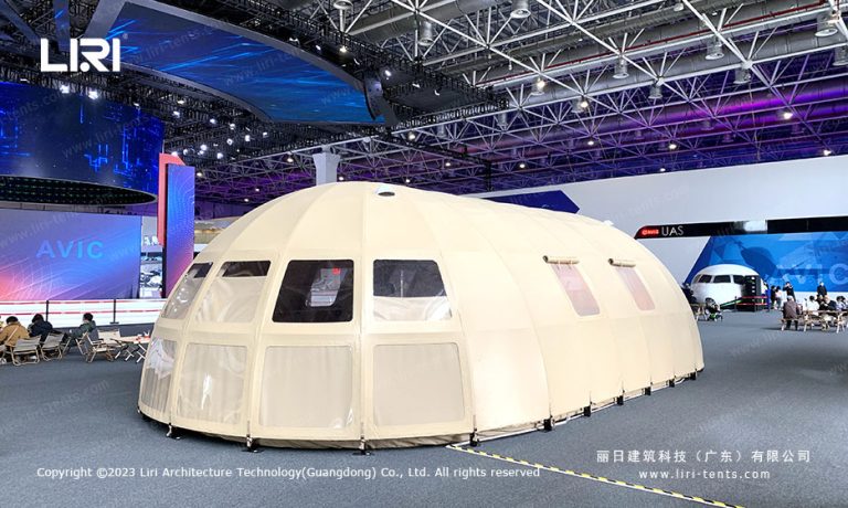 Zhuhai Space Center pagoda and dome tent village inside the AVIC aviation exhibition hall