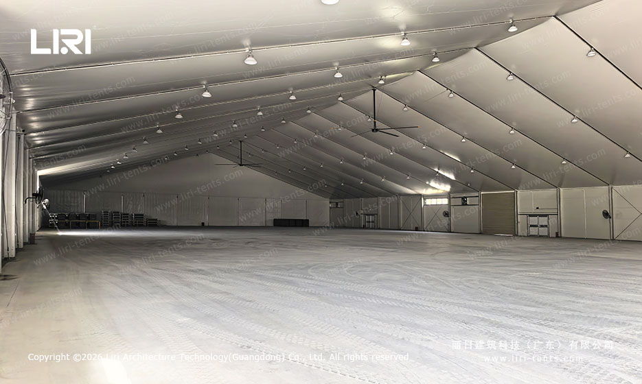 Aircraft hangar ceiling lighting layout with industrial fans