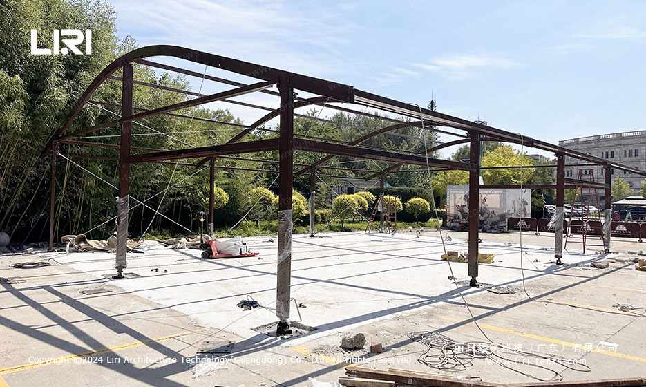 aluminum frame of arcum top tent during assembly at zoo