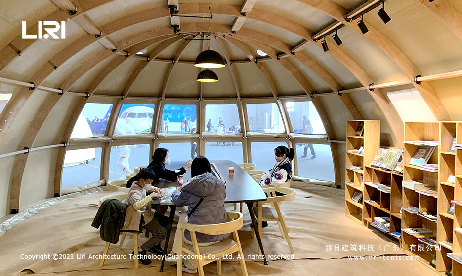Zhuhai Space Center pagoda and dome tent village inside the AVIC aviation exhibition hall
