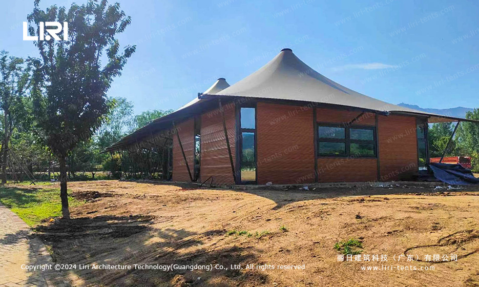 Brick wall tent side with glass panels