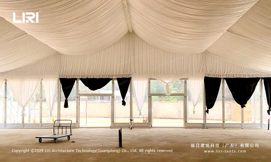 Aerial view of BTA20x45 clear span event tent at Alisa Hotel Ghana