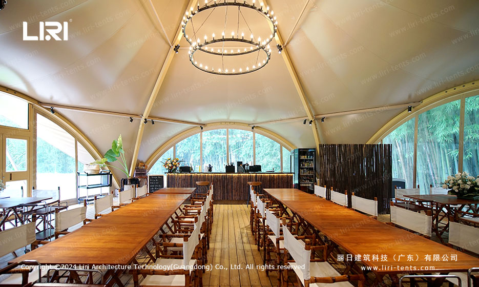 dome arcum tent interior lounge with chandelier