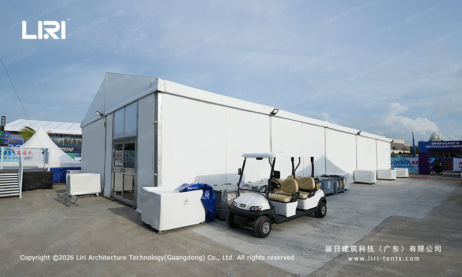 Clear span exhibition hall tent interior with open floor