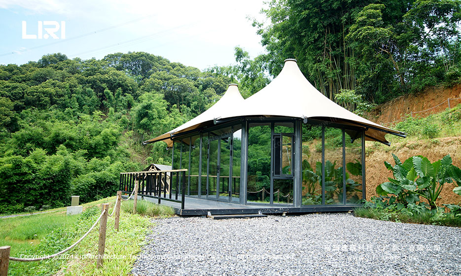 Glamping tent suite with bedroom and curtains