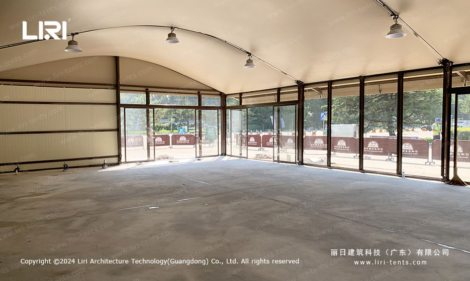 glass walled interior view of zoo event tent