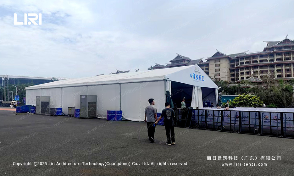 Wide exterior view of large exhibition security tent 4 with aluminum frame structure