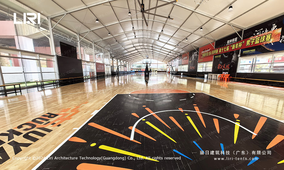 Indoor sports court flooring under a tensile roof structure
