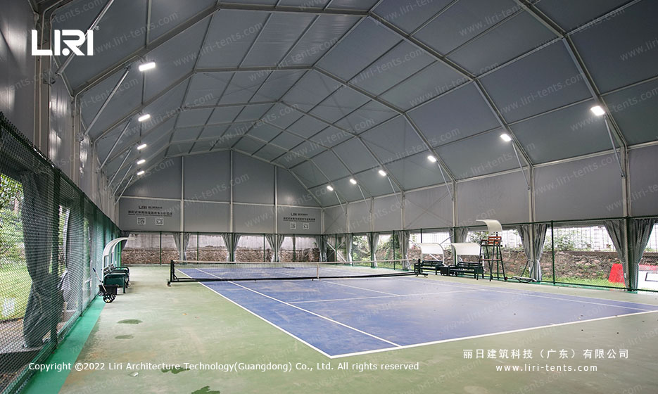 Interior roof detail of multi-arch tennis court tent with aluminum frame