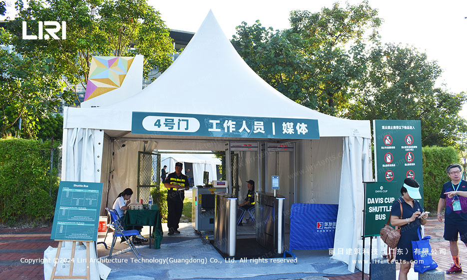 Pagoda tent set up as medical first aid station at outdoor sports event
