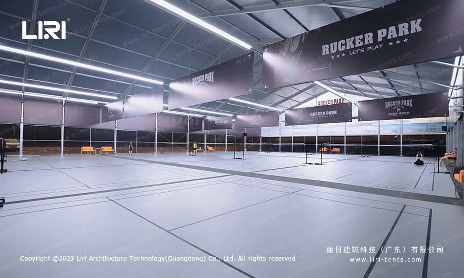 glass wall sports venue tent installation for badminton hall with reception desk