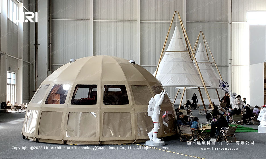 Aerial view of the pagoda and dome tent installation in the aviation exhibition