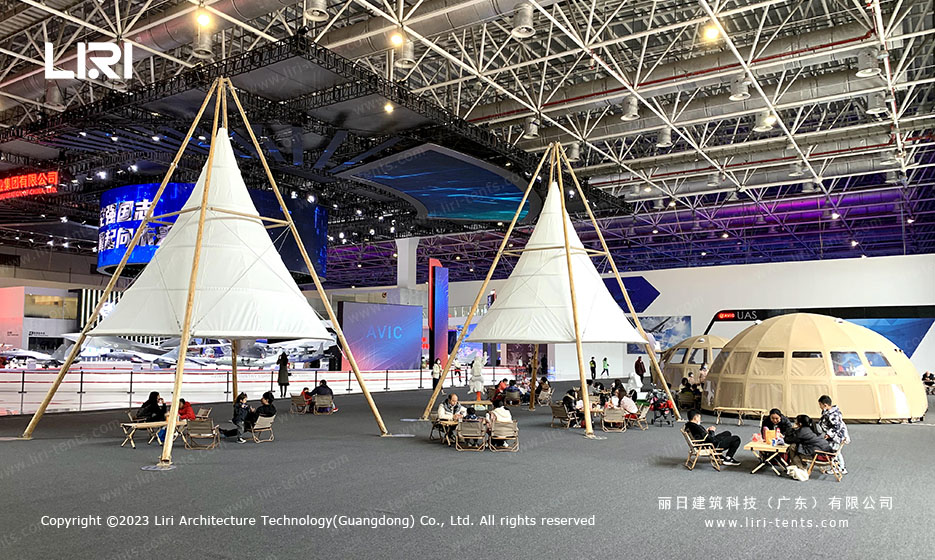AVIC exhibition tent setup with pagoda tents and panorama dome tents