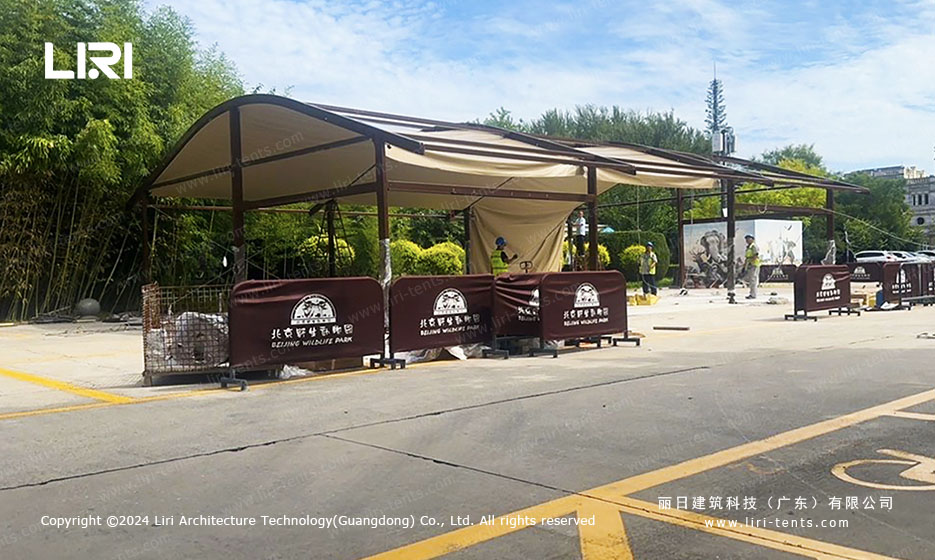 10x15m zoo arcum top tent with glass walls at wildlife park entrance