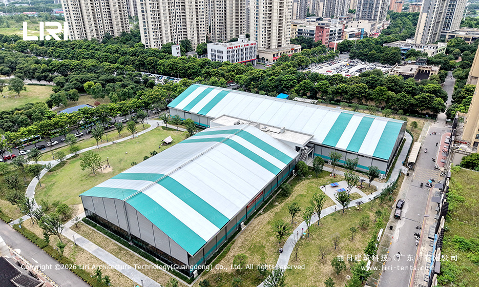 Clear span multi-use event tent for sports leagues, exhibitions, and festivals. Column-free interior, fast setup, year-round use. Custom sizes.